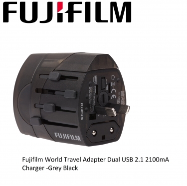 Fujifilm World Travel Adapter Dual USB 2.1 2100mA Charger -Grey Black