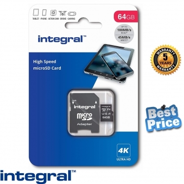Integral 64GB High Speed V30 UHS-I U3 MicroSDHC/XC with Adapter