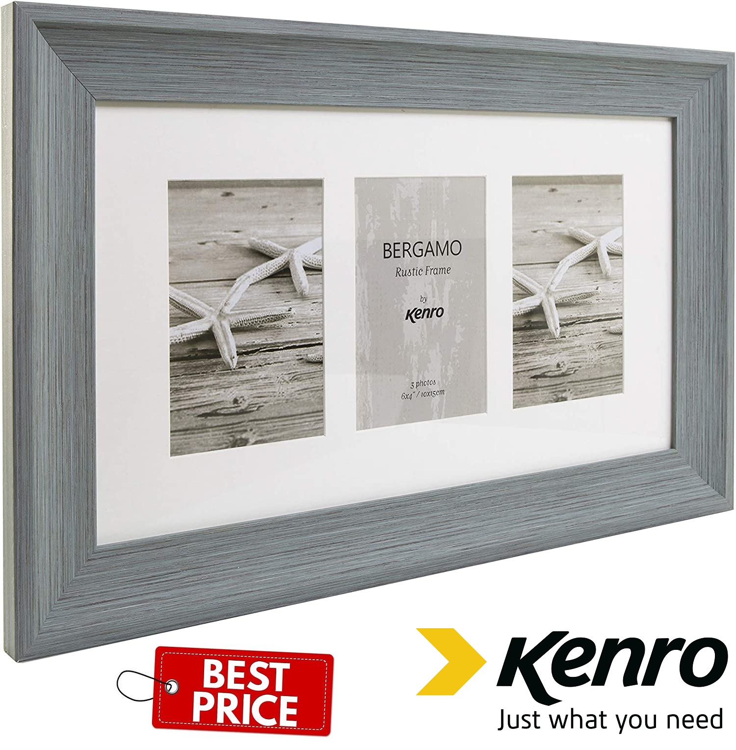 Kenro Bergamo Rustic Grey Collage Frame to hold 3 photos 6x4 Inches